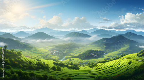 Terraced fields with lush green rice plants, natural scenery