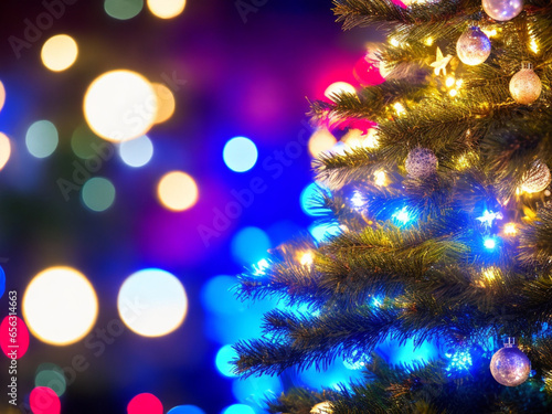 Seasonal background of de-focused lights with decorated tree. Celebration concept. Soft focus. Horizontal