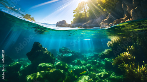 A mesmerizing photograph captures the azure blue ocean with sunlight filtering through the shimmering emerald seaweed, gracefully swaying in the gentle current