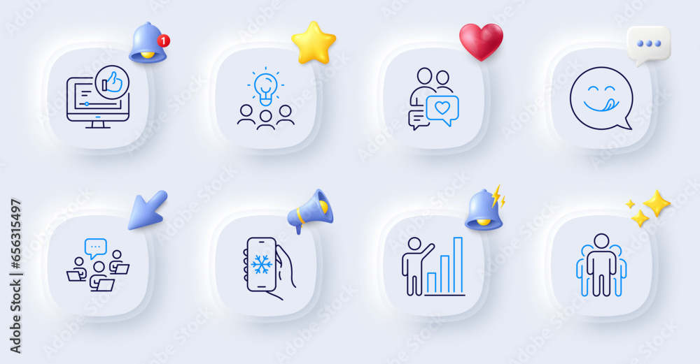 Teamwork, Yummy smile and Dating chat line icons. Buttons with 3d bell, chat speech, cursor. Pack of Group, Graph chart, Air conditioning icon. Like video, Business idea pictogram. Vector Teamwork, Yummy smile and Dating chat line icons. Buttons with 3d bell, chat speech, cursor. Pack of Group, Graph chart, Air conditioning icon. Like video, Business idea pictogram. Vector