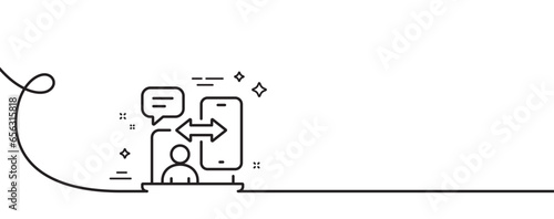 Phone timing line icon. Continuous one line with curl. Smartphone app sign. Cellphone mobile device symbol. Phone timing single outline ribbon. Loop curve pattern. Vector