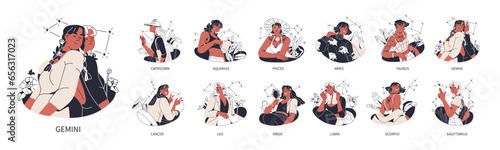 Zodiac signs set. Girls horoscope with women characters and gemini, libra, scorpio, aries, capricorn constellations. Modern astrology symbols. Flat vector illustrations isolated on white background