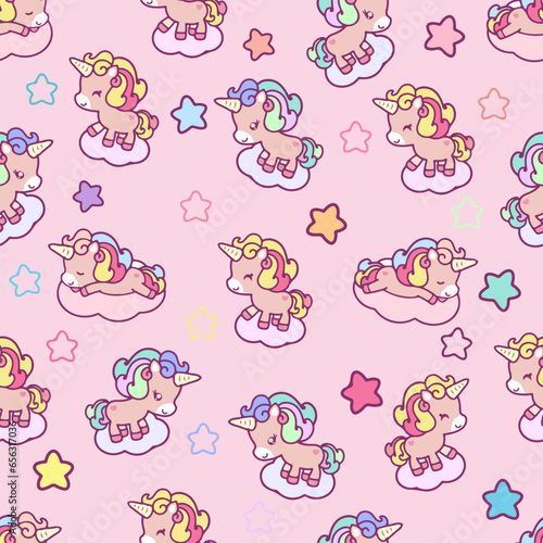 Little horses, unicorns, seamless pattern, vector illustration of a cute cartoon unicorn. Used for girlish surface design, fabric printing, card printing, fashion children's clothing, children's wallp