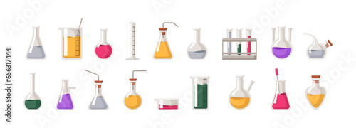 Laboratory glassware set. Lab flasks, beakers, test tubes for chemistry science. Glass containers, chemical liquids, substance, reagent. Flat graphic vector illustrations isolated on white background