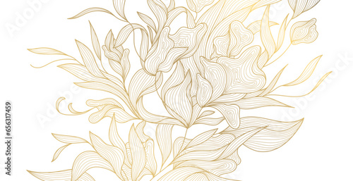 Vector art deco luxury flower, leaves line pattern, golden background. Hand drawn florals for packaging, social media post, cover, banner, creative post and wall arts. Japanese style