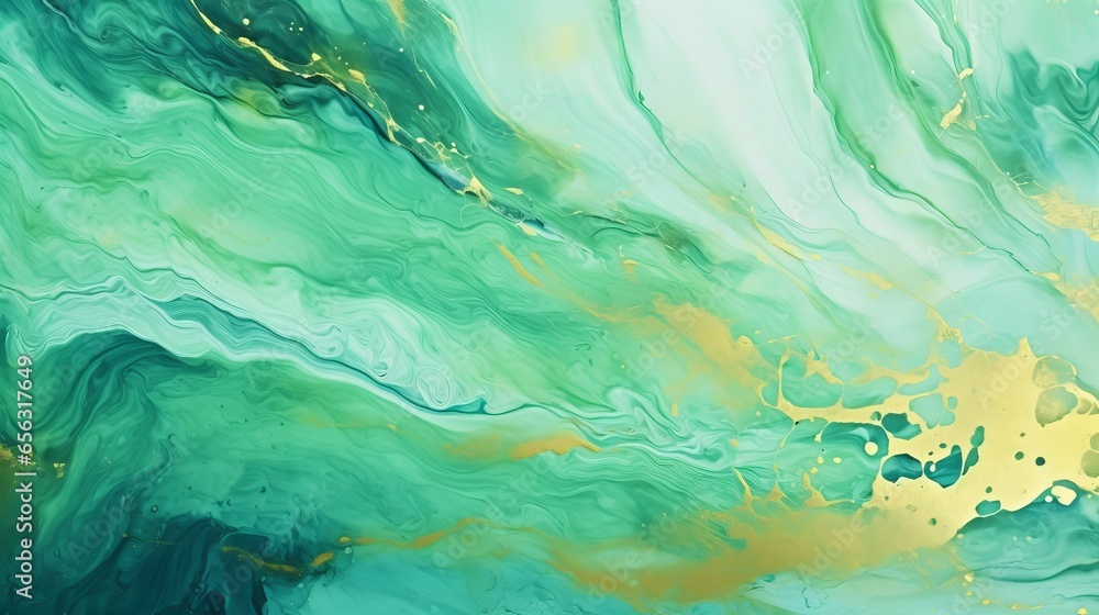 Background of watercolor created with a brush. Green paint was spilled on paper. Golden shiny veins and a liquid marble texture