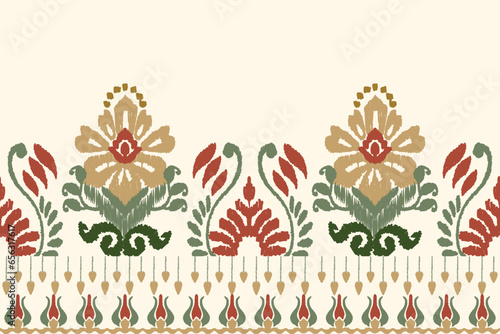 Embroidery of paisley flowers Ikat on a light yellow background. Traditional Ikat tribal pattern. Aztec abstract vector illustration. Seamless pattern in tribal, folk embroidery and Mexican style.