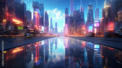 3D rendering of a neon megacity with streetlights reflecting light from puddles in the direction of buildings
