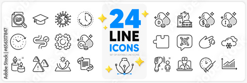 Icons set of Graduation cap, Vaccination schedule and Seo gear line icons pack for app with Time, Medicine price, Sun protection thin outline icon. Snow weather, Electronic thermometer. Vector