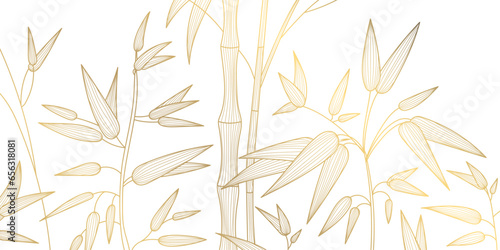 Fototapeta Vector art deco luxury bamboo leaves line pattern, golden background