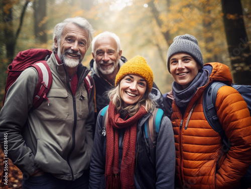 Portrait of smiling group friends hiking in autumn forest, active lifestyle, ecotourism. 
