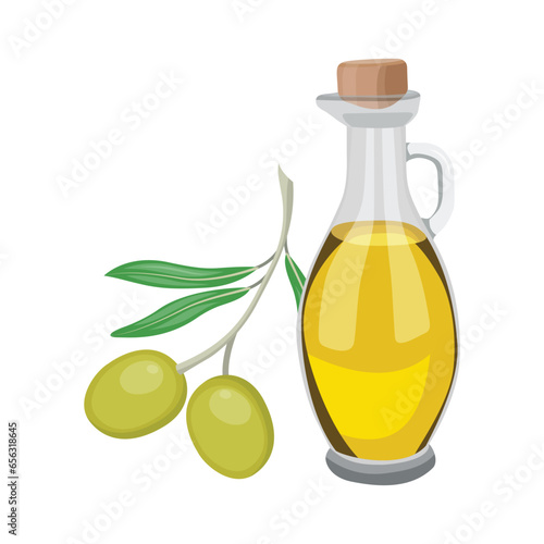 Vector illustration of olive fruits. Green and yellow oil in glass bottle jar in flat style design. Agriculture healthy organic food product from mediterranean. Legendary plant