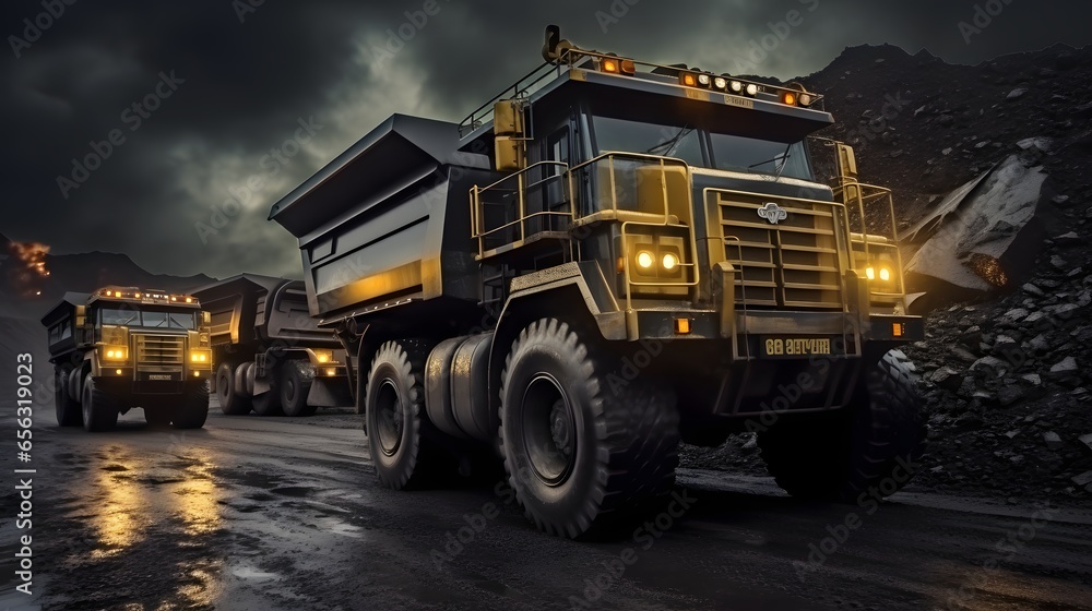 large dump truck for quarries. At the job site is a large yellow mining truck. Coal being loaded into a truck body. manufacture of valuable minerals,