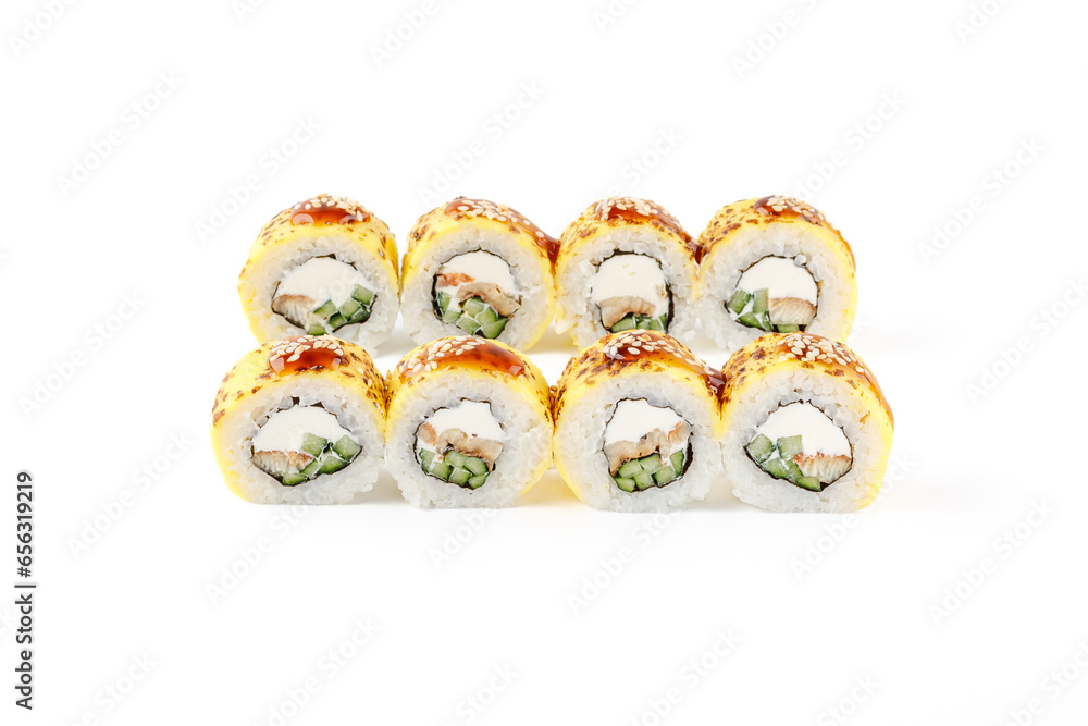 Caesar salad with salmon, wok with creamy curry, ginger lemonade on white background, studio shot 2 Caesar salad with salmon, wok with creamy curry, ginger lemonade on white background, studio shot 2