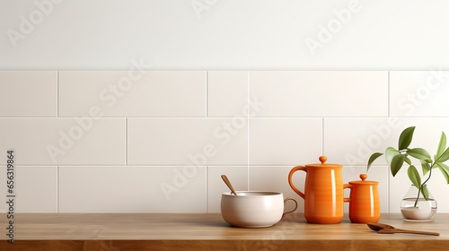 A minimalistic, cozy counter mockup with a white wall and bright wood counter tiles for branding purposes.