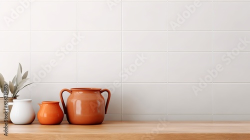 A minimalistic  cozy counter mockup with a white wall and bright wood counter tiles for branding purposes.