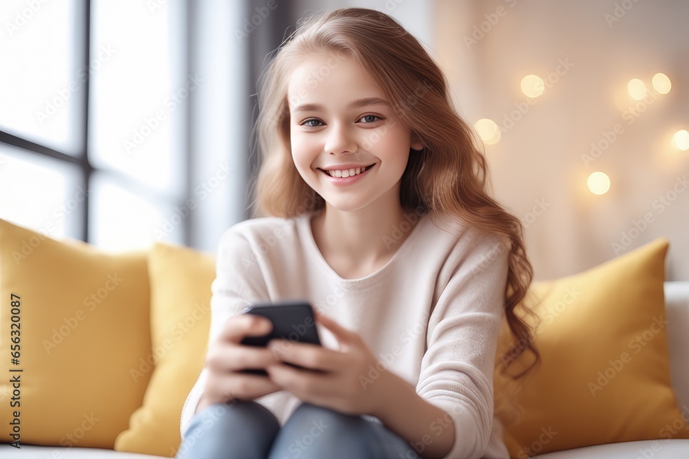 smiling woman sitting on a sofa with a mobile phone smiling woman sitting on a sofa with a mobile phone