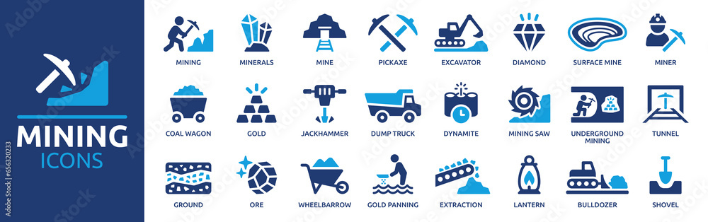 Mining icon set. Containing minerals, gold, pickaxe, miner, excavator, diamond, coal wagon, jackhammer and gold panning icons. Solid icon collection. Vector illustration. Mining icon set. Containing minerals, gold, pickaxe, miner, excavator, diamond, coal wagon, jackhammer and gold panning icons. Solid icon collection. Vector illustration.