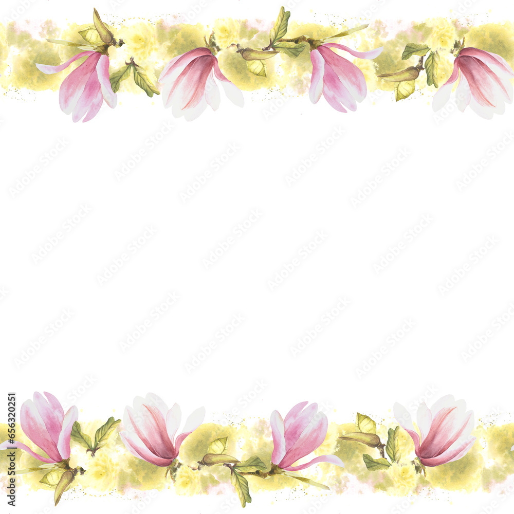 Floral seamless banner, frame with watercolor pink magnolias flowers, buds, leaves Hand painted on white background illustration. Isolated design for wedding invitations, greeting cards or postcards 