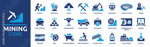 Mining icon set. Containing minerals, gold, pickaxe, miner, excavator, diamond, coal wagon, jackhammer and gold panning icons. Solid icon collection. Vector illustration. 