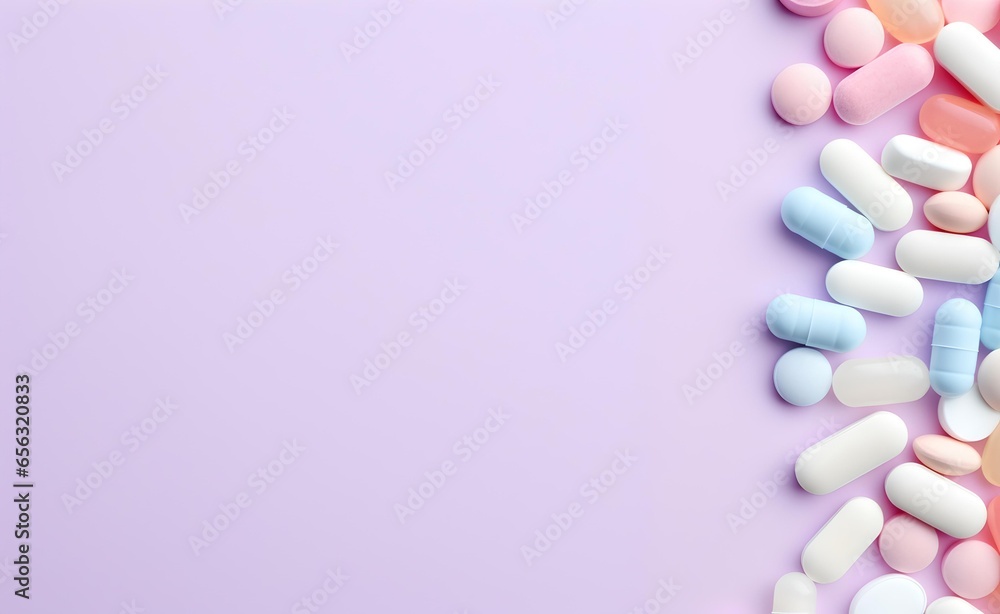 Pills and capsules on pastel background free copy space Pills and capsules on pastel background free copy space