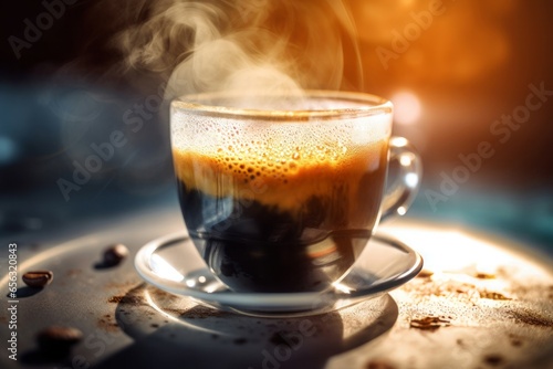 Espresso foam hot cup. Cafe top view. Generate Ai