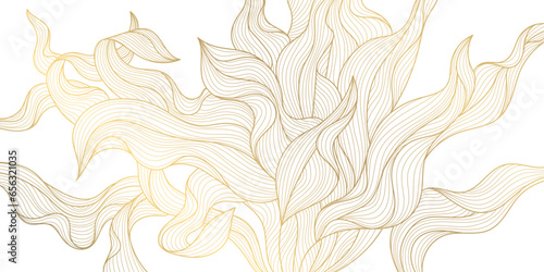 Vector golden leaves, seaweed, algae botanical modern, art deco wavy wallpaper background pattern. Line design for interior design, textile, texture, poster, package, wrappers, gifts. Luxury.