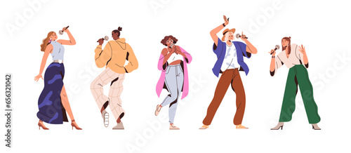 Singing people set. Men, women singers standing with microphones. Vocalists with mics in hands. Characters performing songs. Vocal talents. Flat vector illustrations isolated on white background