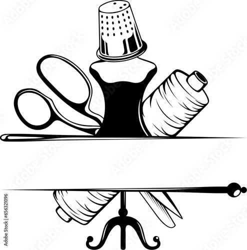 Sewing dummy, needle, scissors, spool of thread and thimble. Frame design for sewing and cutting
