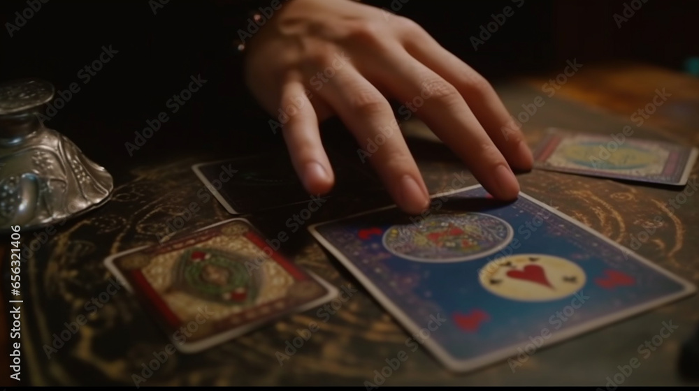 Fortune teller's hands with tarot cards for predicting the future. Hands of astrologers who read the future and fate. horoscope and forecasting concept. Generative AI Fortune teller's hands with tarot cards for predicting the future. Hands of astrologers who read the future and fate. horoscope and forecasting concept. Generative AI