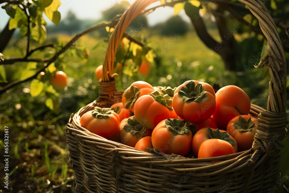 Photorealism of close up of fresh Persimmons in basket in field green plants with Persimmon trees background Photorealism of close up of fresh Persimmons in basket in field green plants with Persimmon trees background