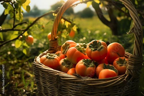 Photorealism of close up of fresh Persimmons in basket in field green plants with Persimmon trees background