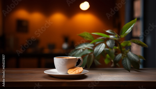 coffee cup alongside a plant