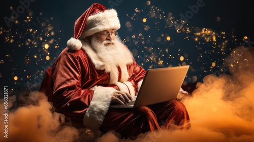 Santa Claus in the digital age, using a laptop for online holiday shopping and managing Christmas wishes.