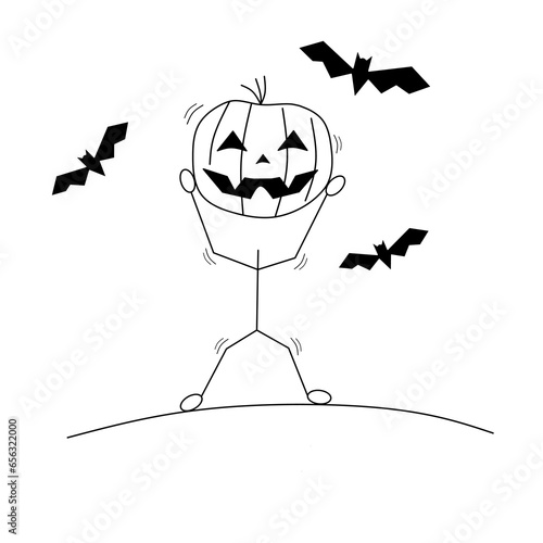Cartoon stick drawn conceptual illustration of a man holding up his own pumpkin 