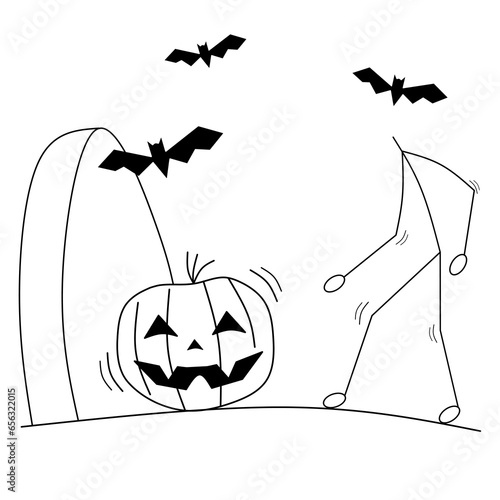 Vector cartoon stick figure drawing conceptual illustration of a man looking for his pumpkin head in his own grave.