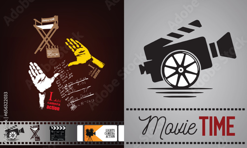 Light camera action film background with film strip & camera cinema hand point design vector illustration