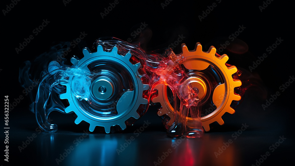 two gears on a black background, working in cooperation, covered with engine oil, the systematic work of the team - obrazy, fototapety, plakaty 