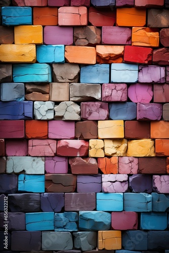 Rainbow background. Multi-colored brick wall. Art