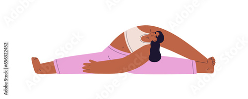 Girl stretching in hanumanasana, yoga posture. Young flexible woman exercising in split pose, position. Female in asana, healthy zen workout. Flat vector illustration isolated on white background