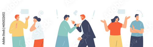 Swearing conflicting aggressive and shouting people. Quarrel, divorce, confrontation, dissatisfaction vector characters