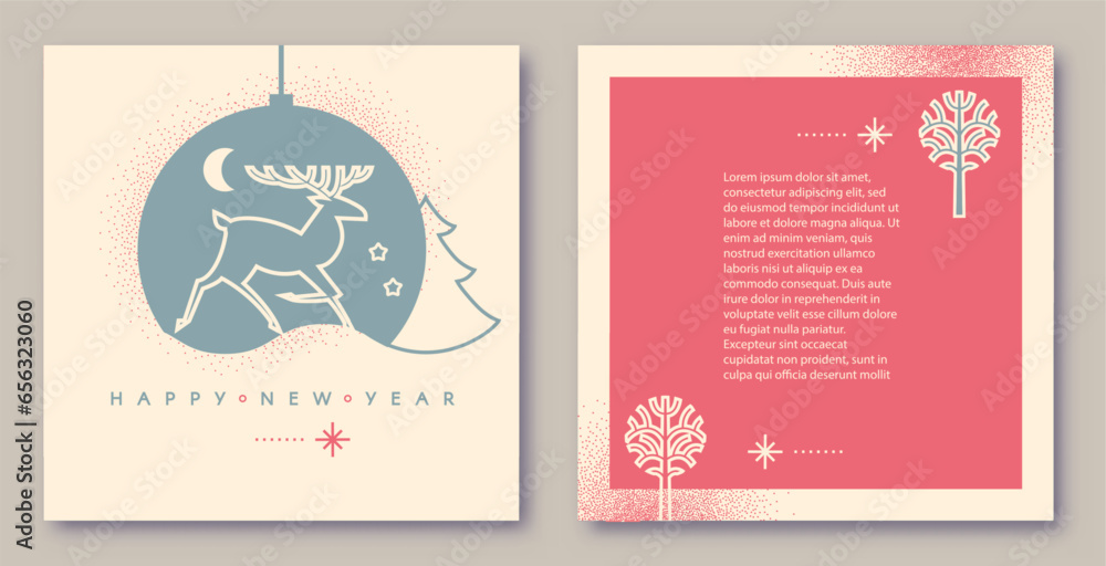 Merry Christmas and Happy New Year flyer and card template set. Season winter offer. Minimal landscape.