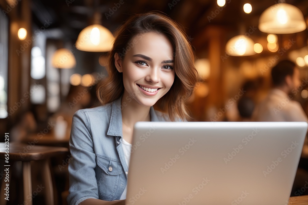 woman sitting in cafe with laptop
