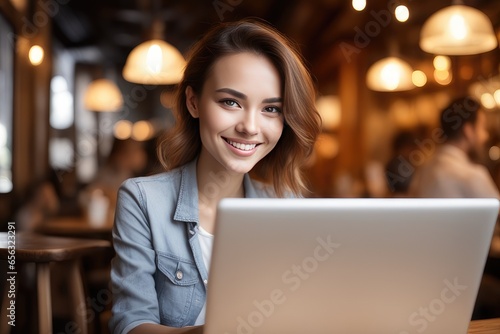 woman sitting in cafe with laptop © drimerz