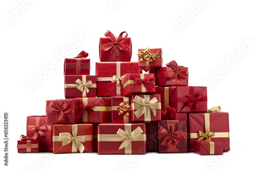 Pile of red Christmas presents. PNG file with transparency. Generative Ai 