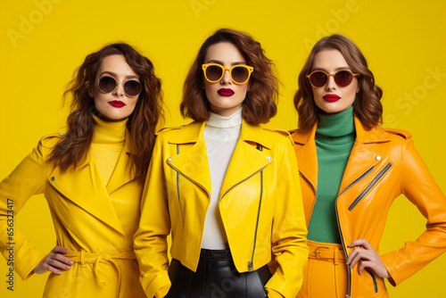 Three fashionable young women in yellow. Generative Ai