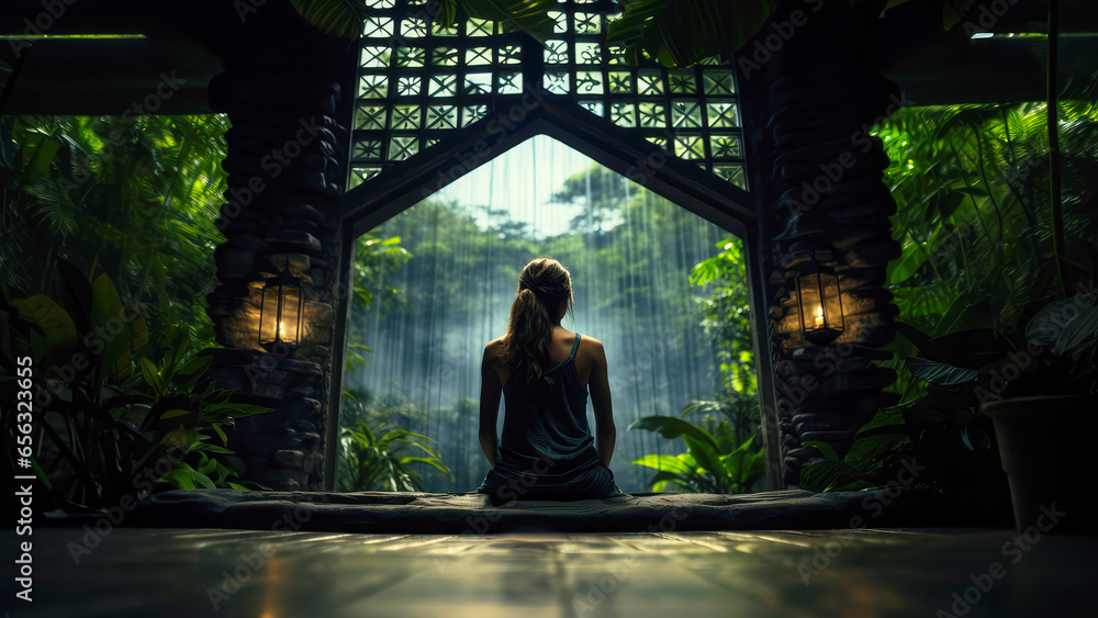 Young woman meditating in lotus position in tropical garden  - obrazy, fototapety, plakaty 