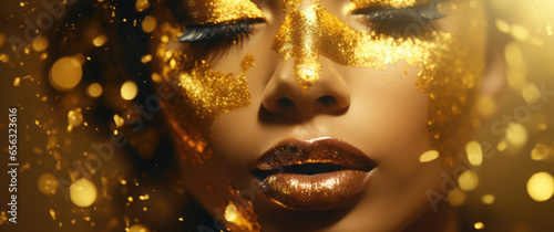 a beautiful woman with gold glitter makeup