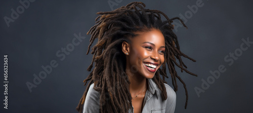 Beautiful African American woman with dreadlocks in the studio. Generative Ai 