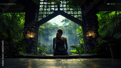 Young woman meditating in lotus position in tropical garden  photo